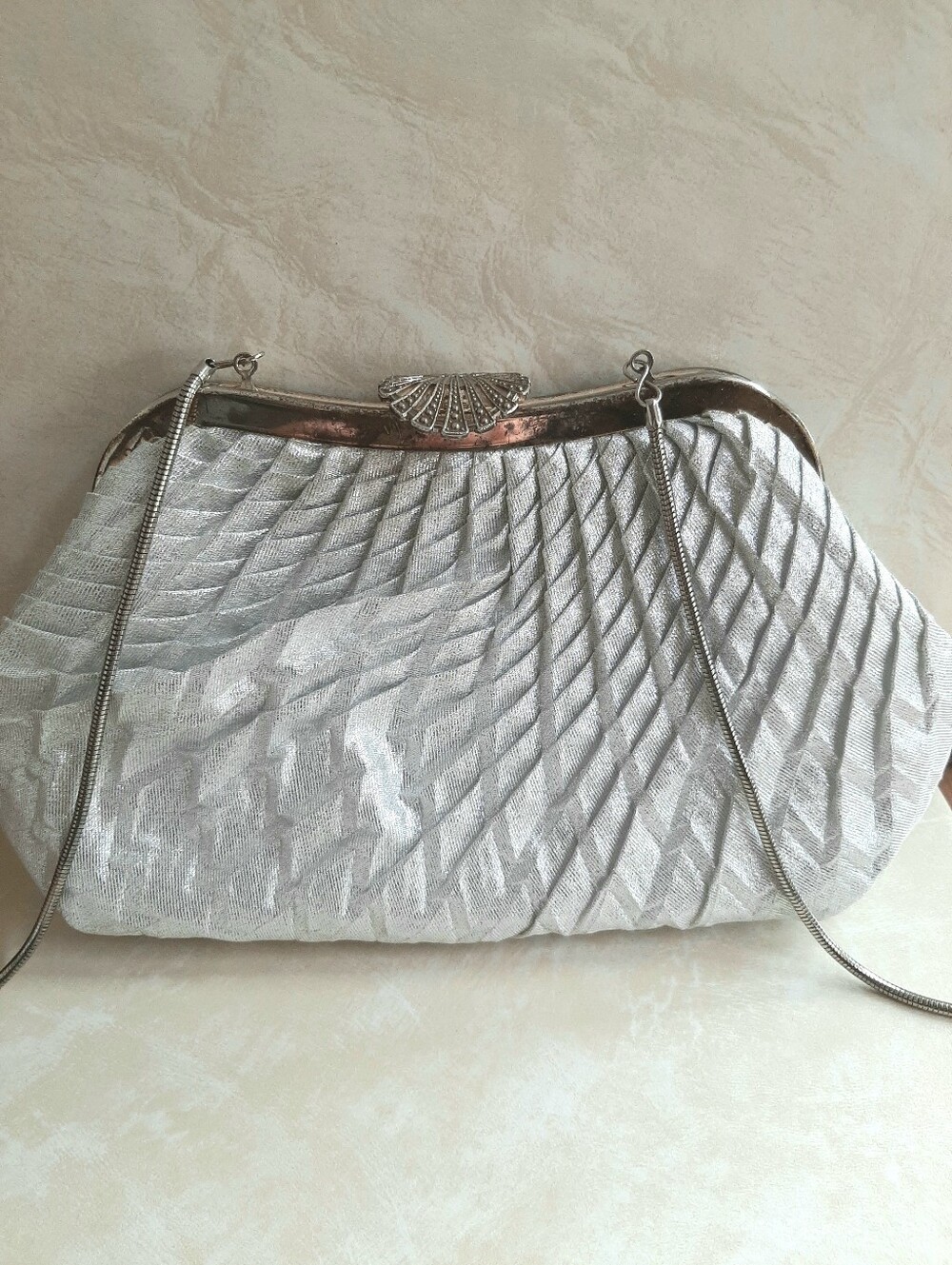 Vintage Old Money Silver Pleated Fabric Evening Clutch Chain Strap Bag